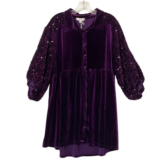 New Umgee Purple Velvet Button Down Tunic Sequined Balloon Sleeves Womens Sz 1XL - Picture 1 of 8